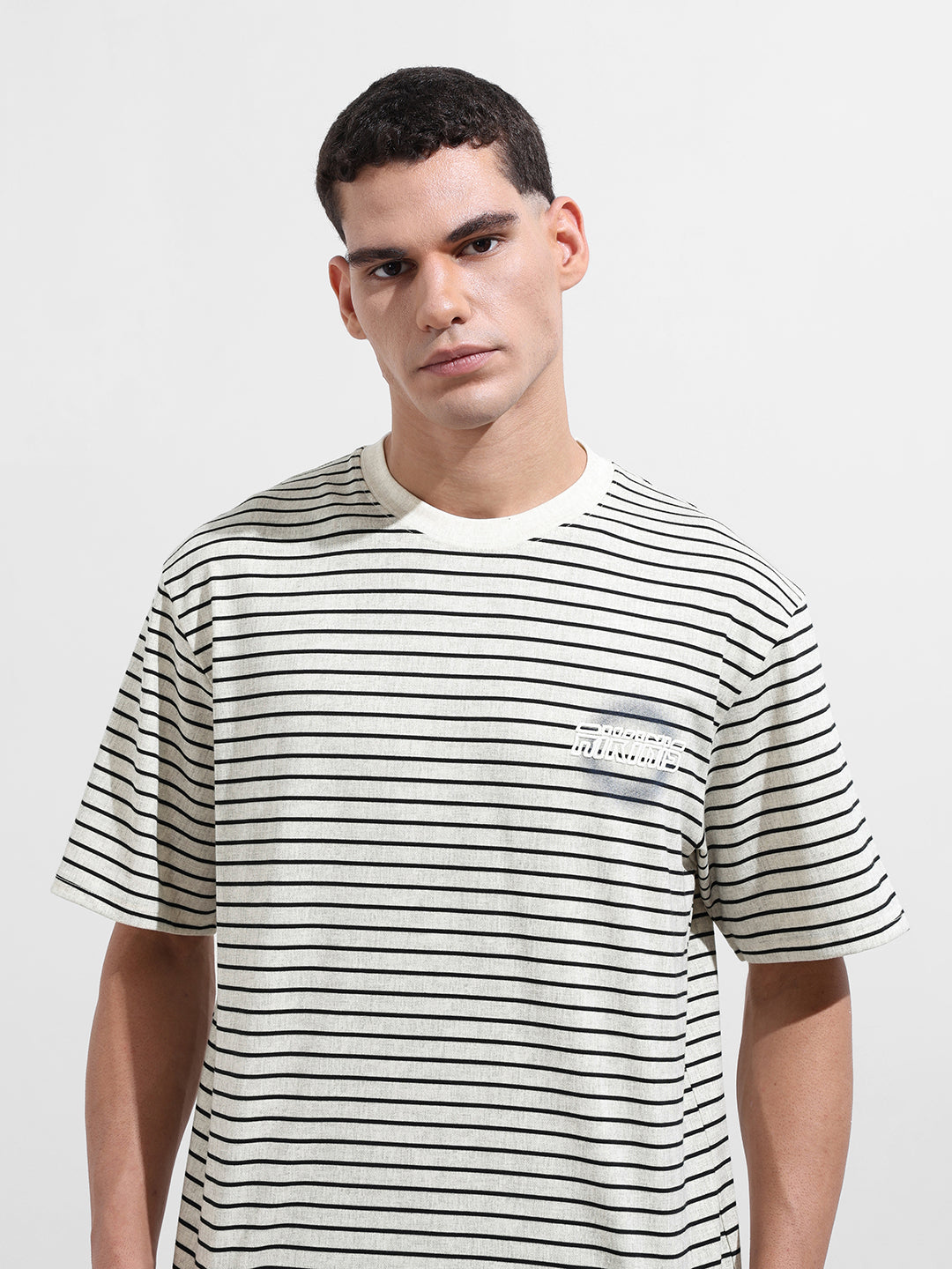 Men's Grey Relaxed Fit Striped 240 GSM Street Wear T-Shirt
