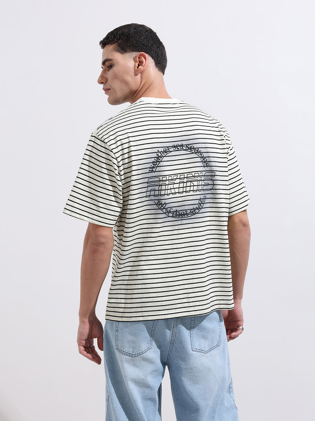 Men's Grey Relaxed Fit Striped 240 GSM Street Wear T-Shirt