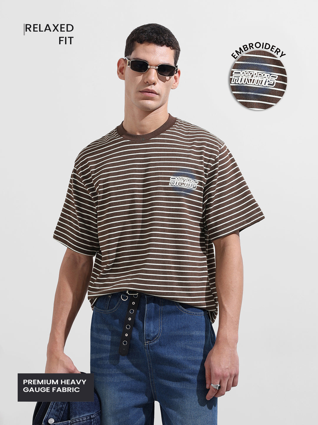 Men's Brown Relaxed Fit Striped 240 GSM Street Wear T-Shirt