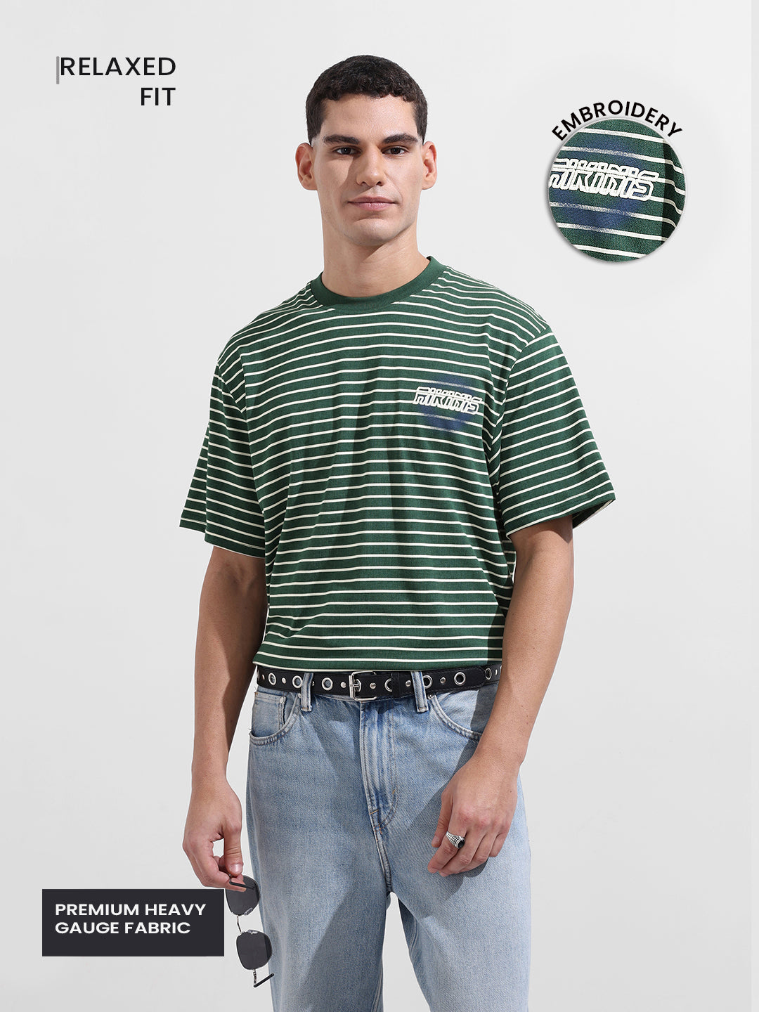 Men's Green Relaxed Fit Striped 240 GSM Street Wear T-Shirt