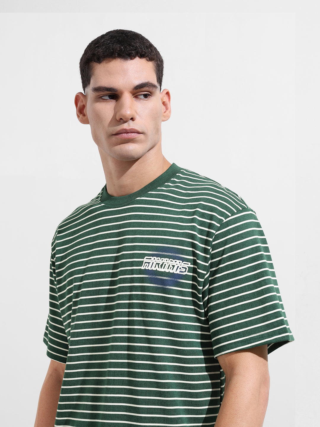 Men's Green Relaxed Fit Striped 240 GSM Street Wear T-Shirt