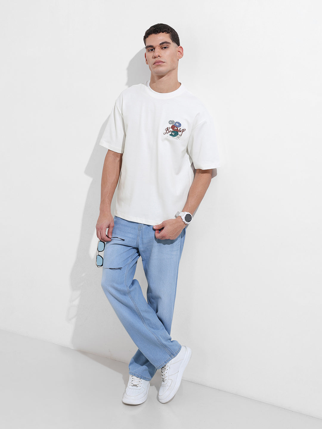 Men's White Relaxed Fit Embroided 240 GSM Street Wear T-Shirt