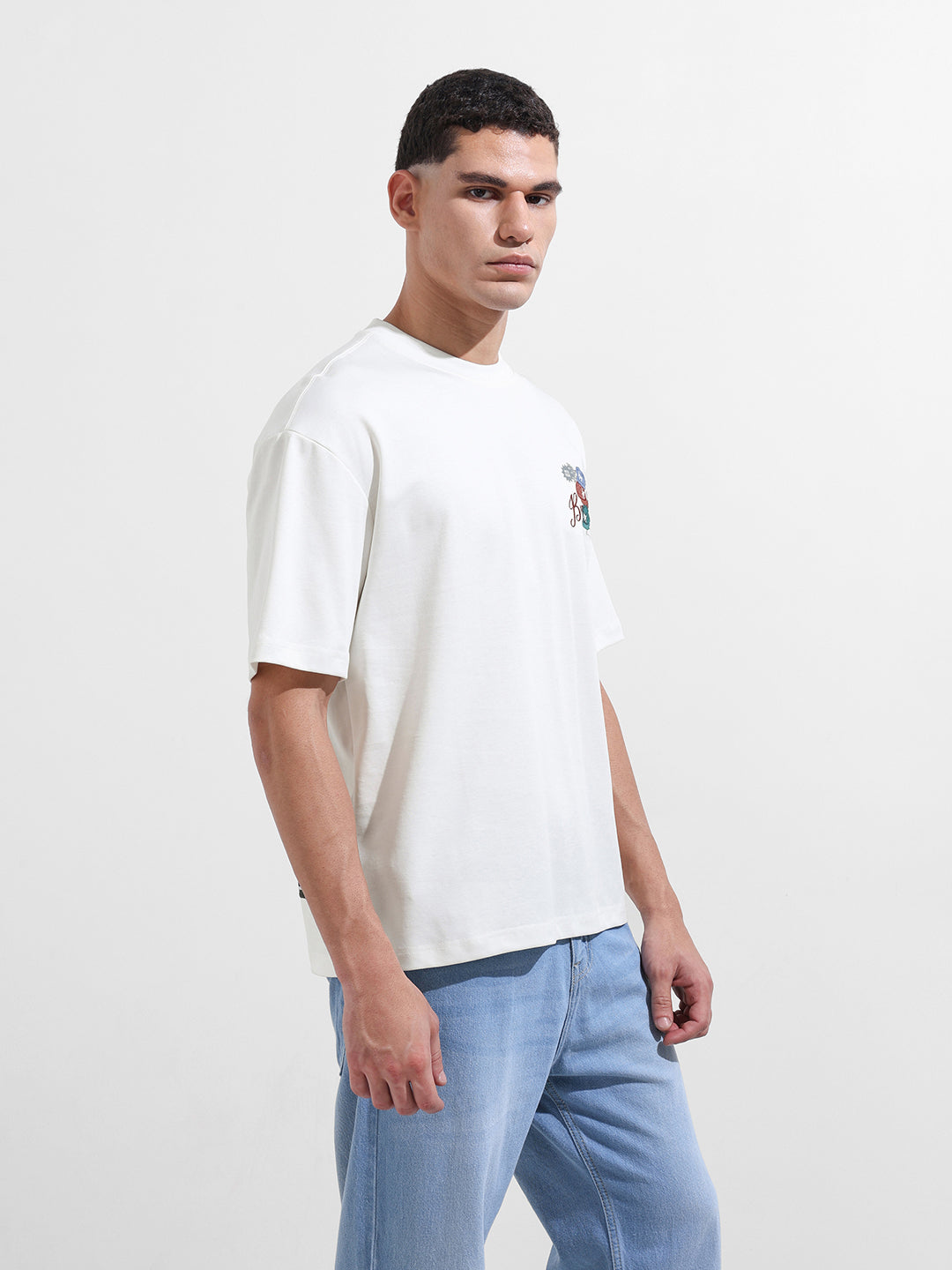 Men's White Relaxed Fit Embroided 240 GSM Street Wear T-Shirt