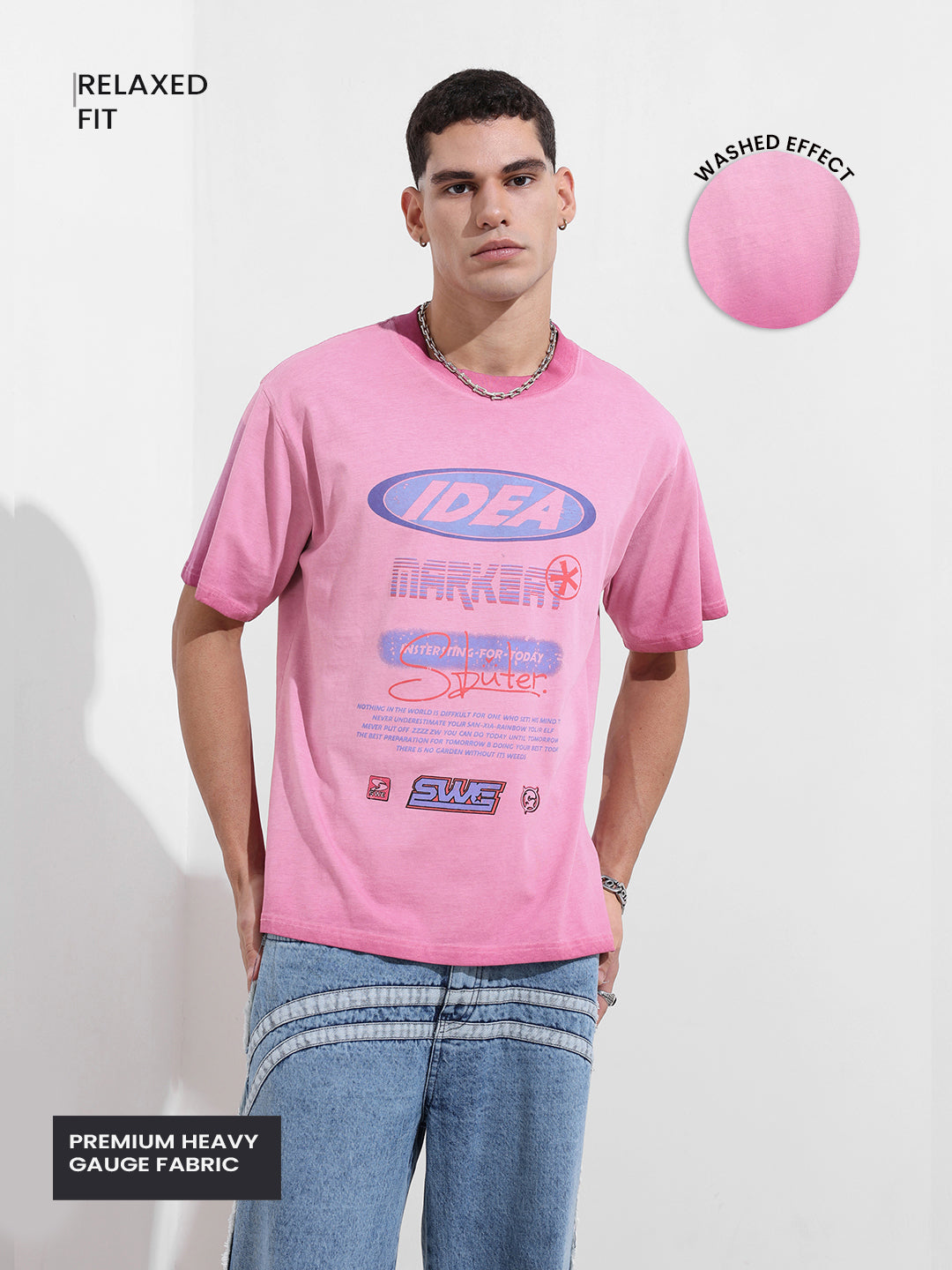 Men's Pink Relaxed Fit Graphic Printed 240 GSM Street Wear T-Shirt