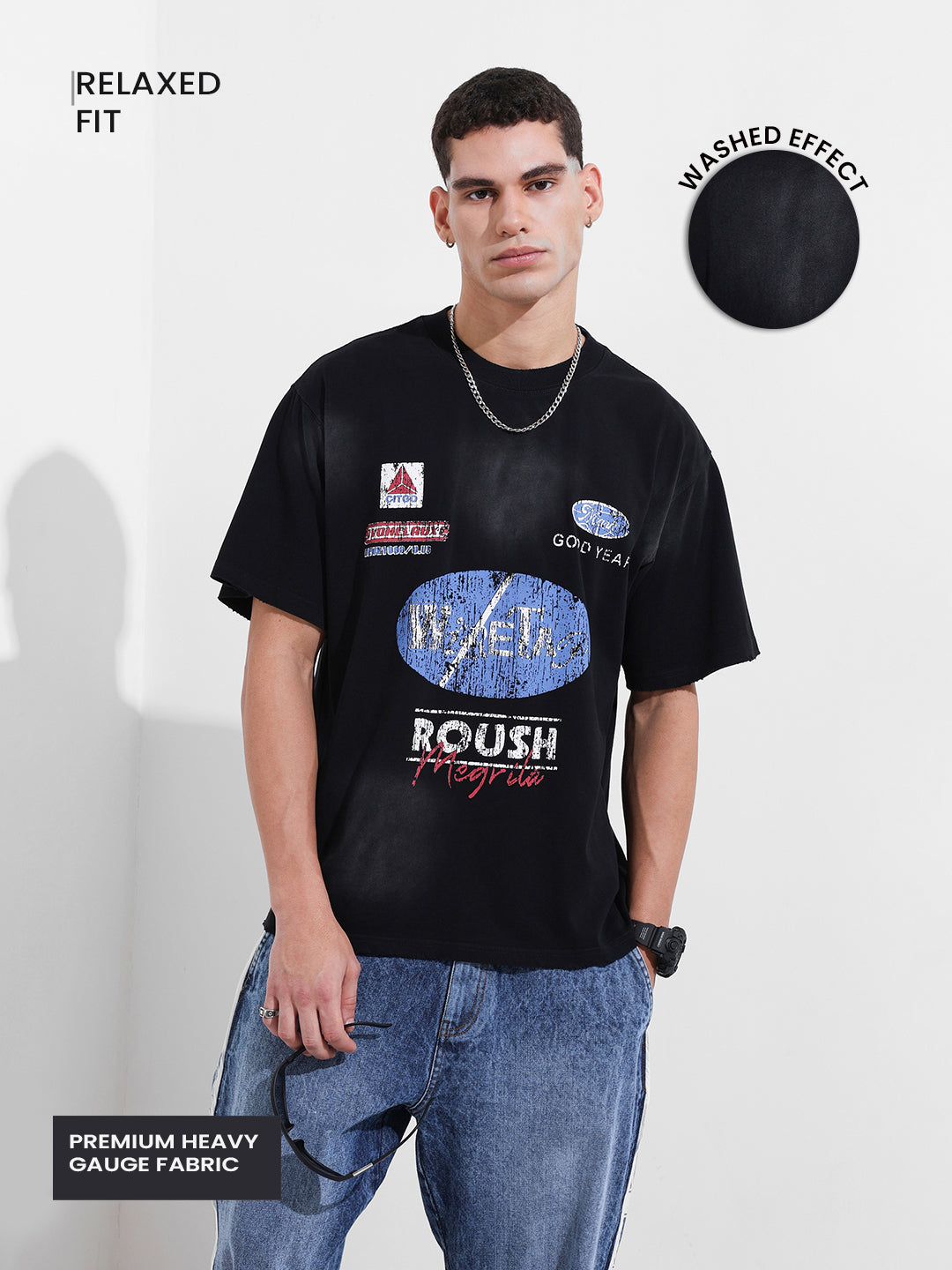 Men's Black Relaxed Fit Graphic Printed 240 GSM Street Wear T-Shirt