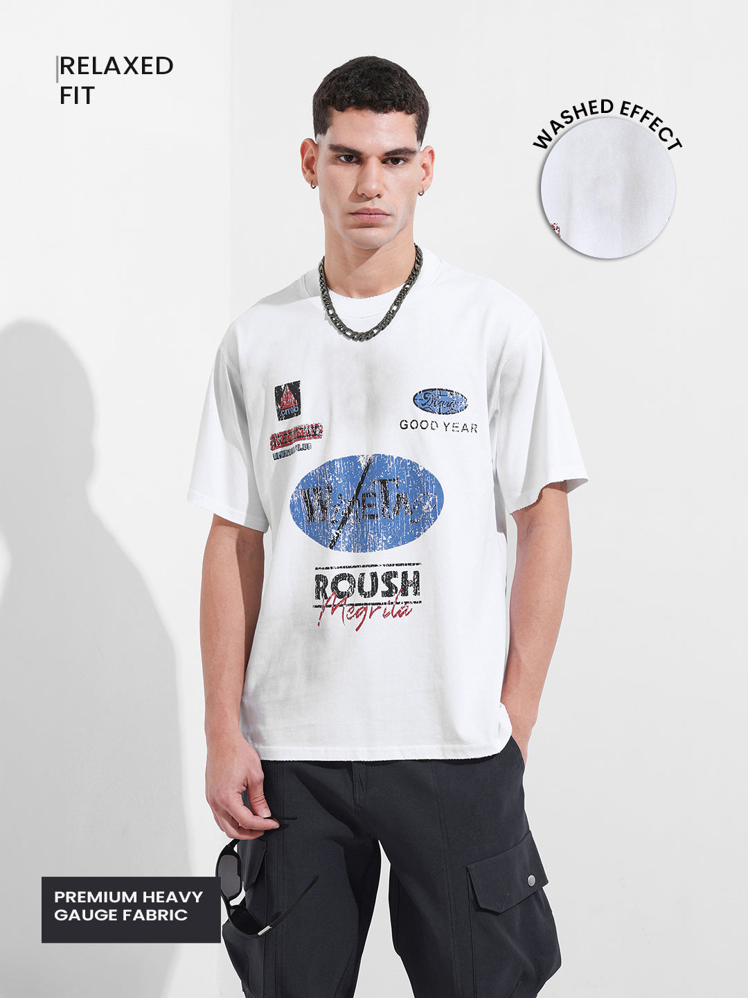 Men's White Relaxed Fit Graphic Printed 240 GSM Street Wear T-Shirt