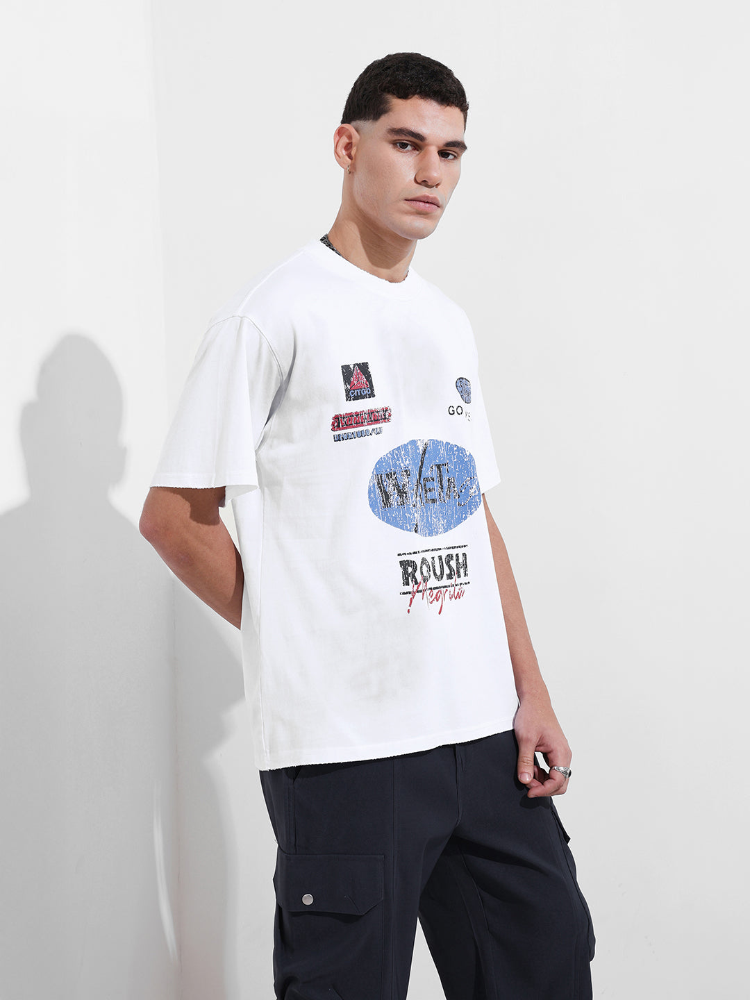 Men's White Relaxed Fit Graphic Printed 240 GSM Street Wear T-Shirt