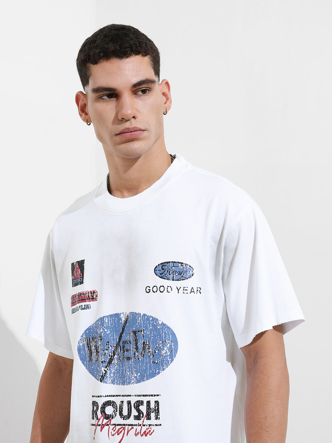 Men's White Relaxed Fit Graphic Printed 240 GSM Street Wear T-Shirt