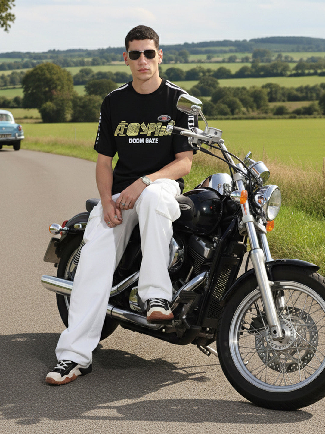 Men's Black Relaxed Fit Graphic Printed 240 GSM Street Wear T-Shirt