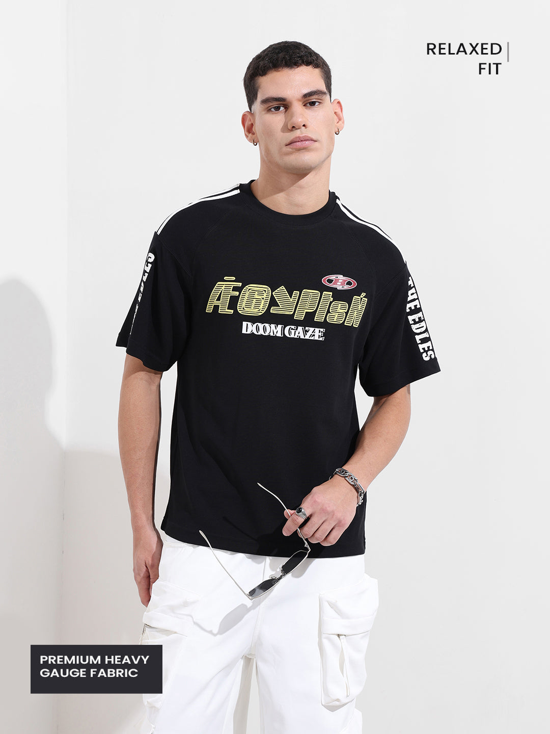 Men's Black Relaxed Fit Graphic Printed 240 GSM Street Wear T-Shirt