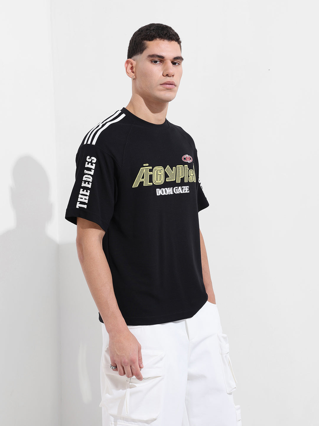 Men's Black Relaxed Fit Graphic Printed 240 GSM Street Wear T-Shirt