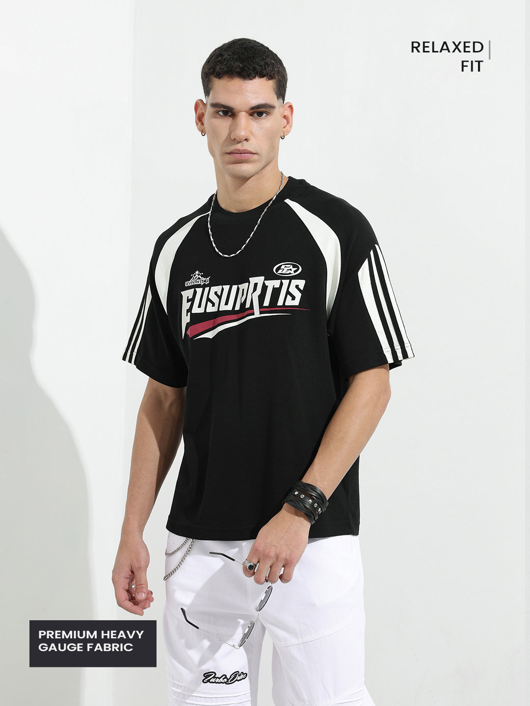 Men's Black Relaxed Fit Graphic Printed 240 GSM Street Wear T-Shirt