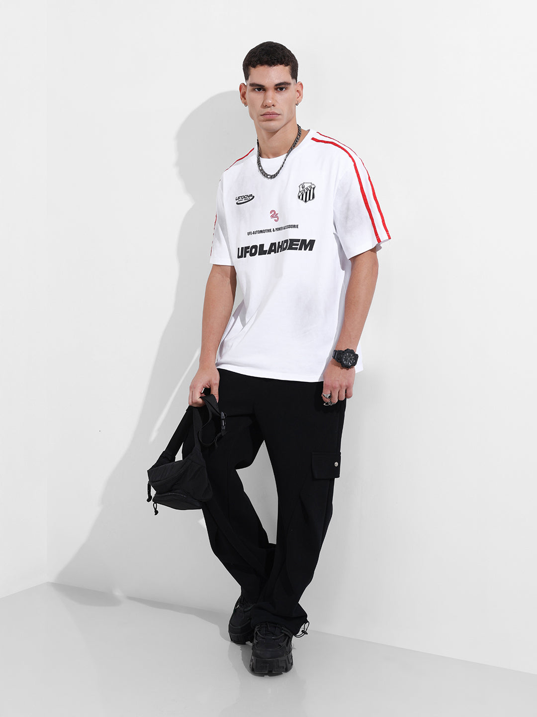 Men's White Relaxed Fit Graphic Printed 240 GSM Street Wear T-Shirt