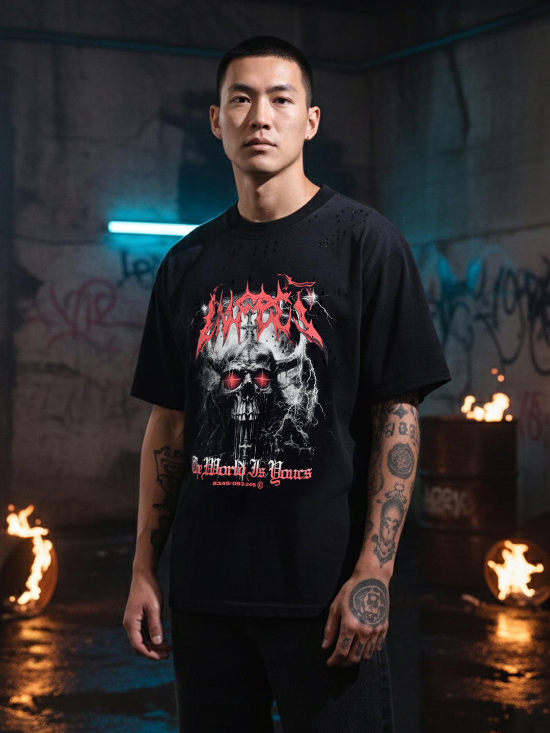 Men's Black Relaxed Fit Graphic Printed 240 GSM Street Wear T-Shirt