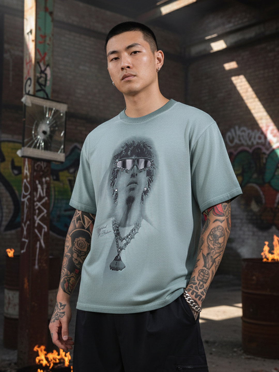 Men's Green Relaxed Fit Graphic Printed 240 GSM Street Wear T-Shirt