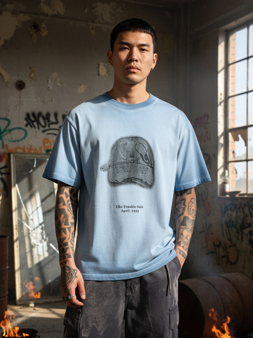 Men's Blue Relaxed Fit Graphic Printed 240 GSM Street Wear T-Shirt