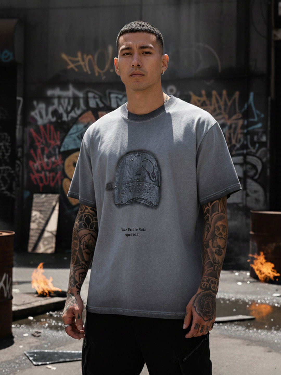 Men's Grey Relaxed Fit Graphic Printed 240 GSM Street Wear T-Shirt