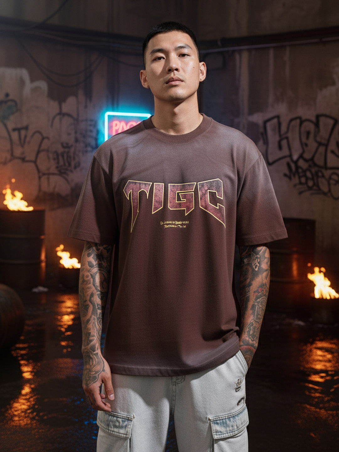 Men's Brown Relaxed Fit Graphic Printed 240 GSM Street Wear T-Shirt