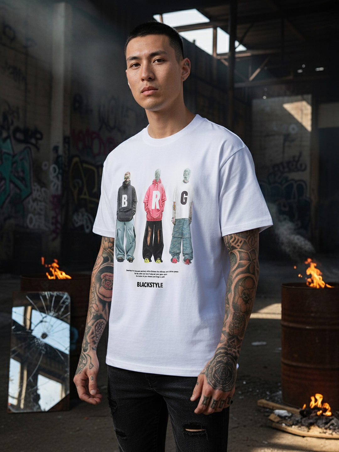 Men's White Relaxed Fit Graphic Printed 240 GSM Street Wear T-Shirt