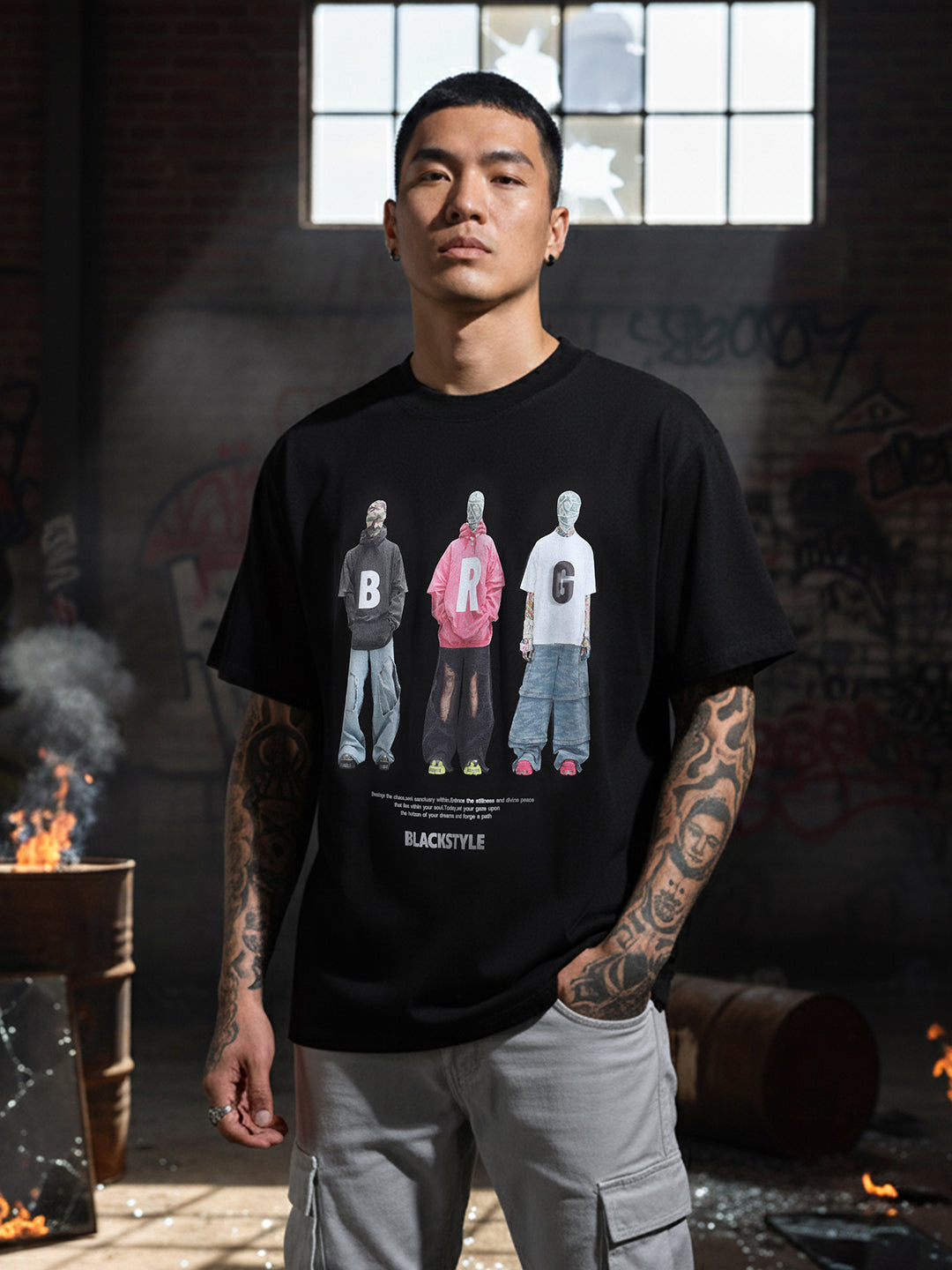 Men's Black Relaxed Fit Graphic Printed 240 GSM Street Wear T-Shirt