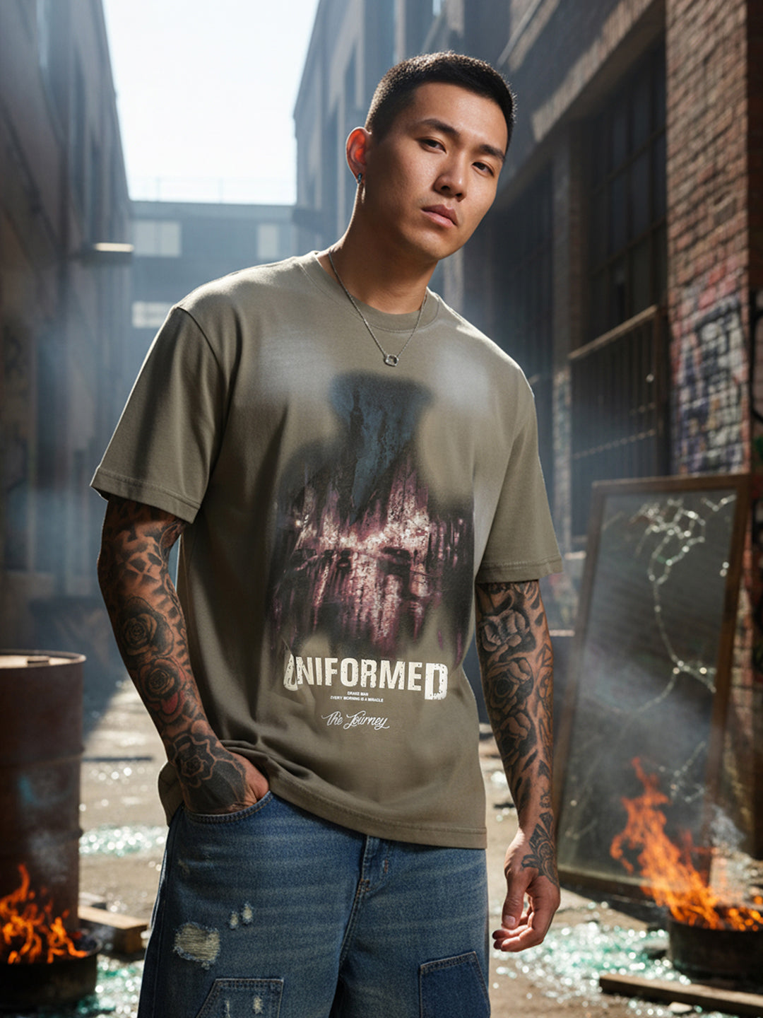 Men's Green Relaxed Fit Graphic Printed 240 GSM Street Wear T-Shirt