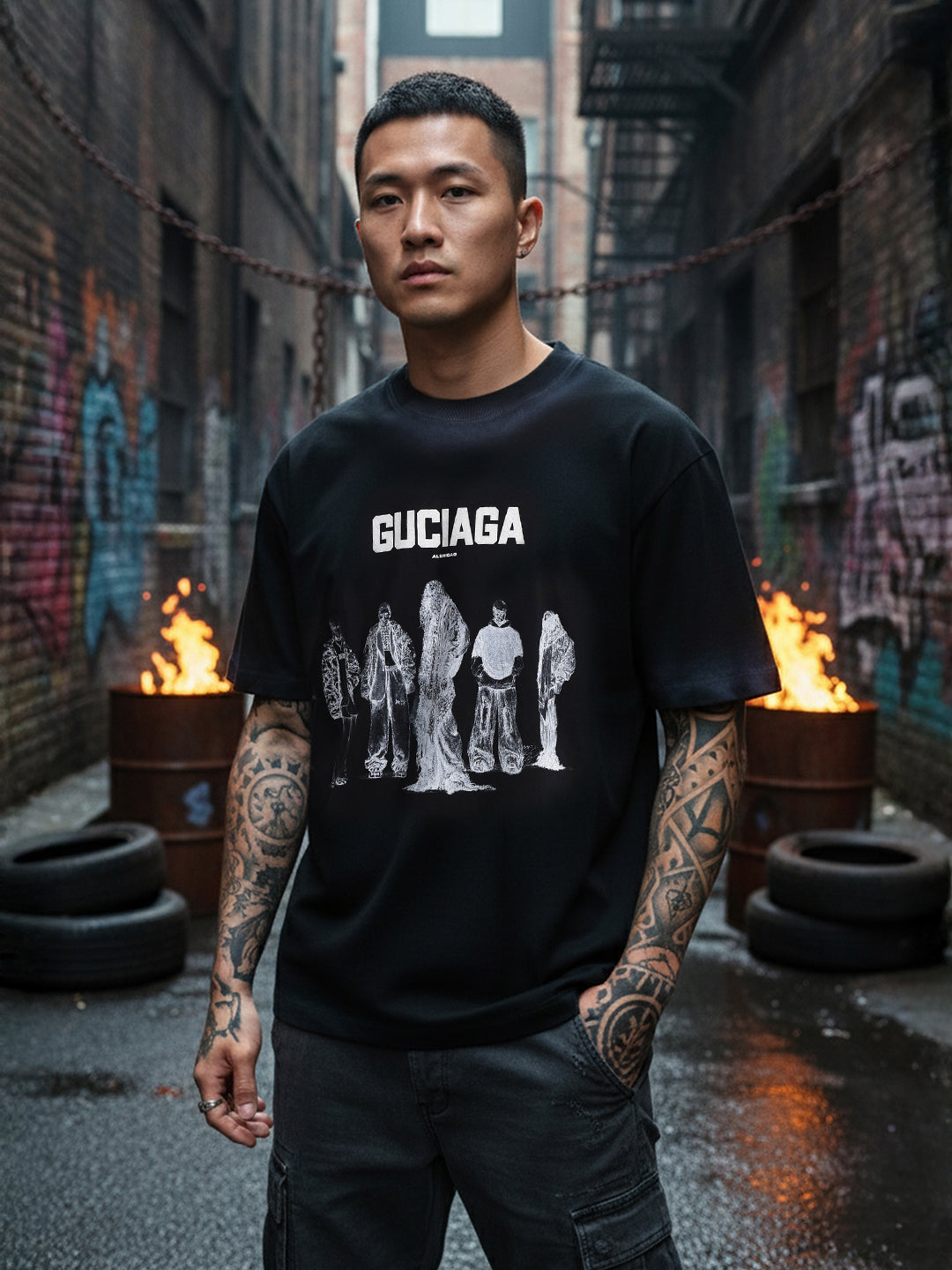 Men's Black Relaxed Fit Graphic Printed 240 GSM Street Wear T-Shirt