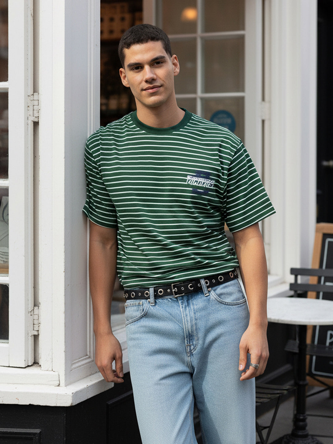 Men's Green Relaxed Fit Striped 240 GSM Street Wear T-Shirt