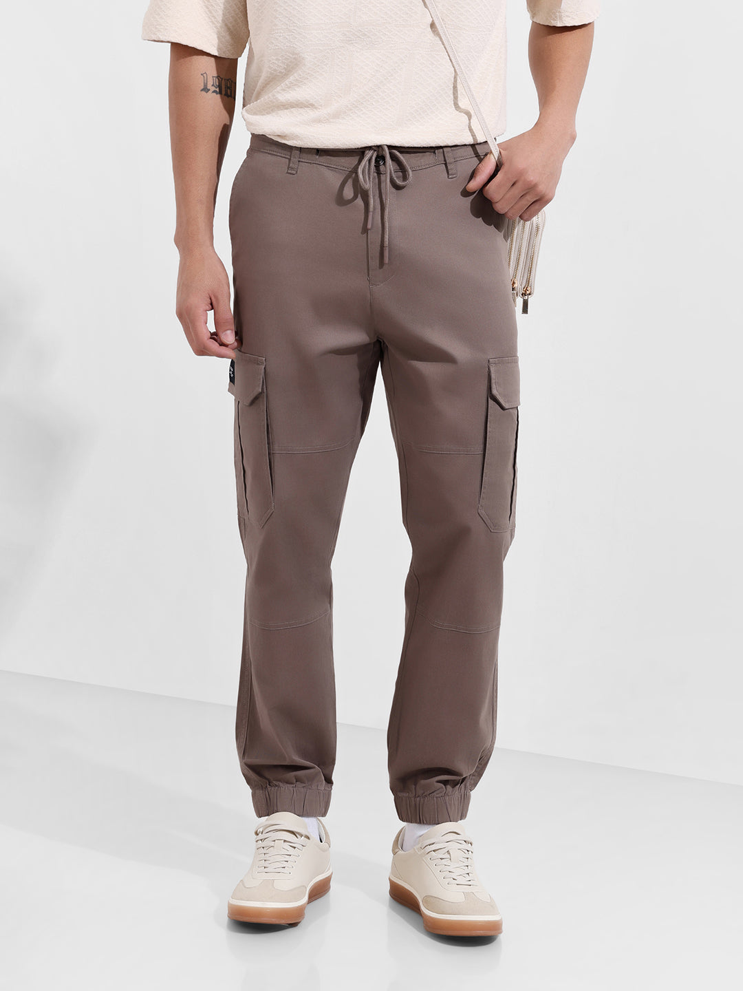 Cargo Beige Zara Homme Men's Brown Regular Fit Solid Utility Cargo