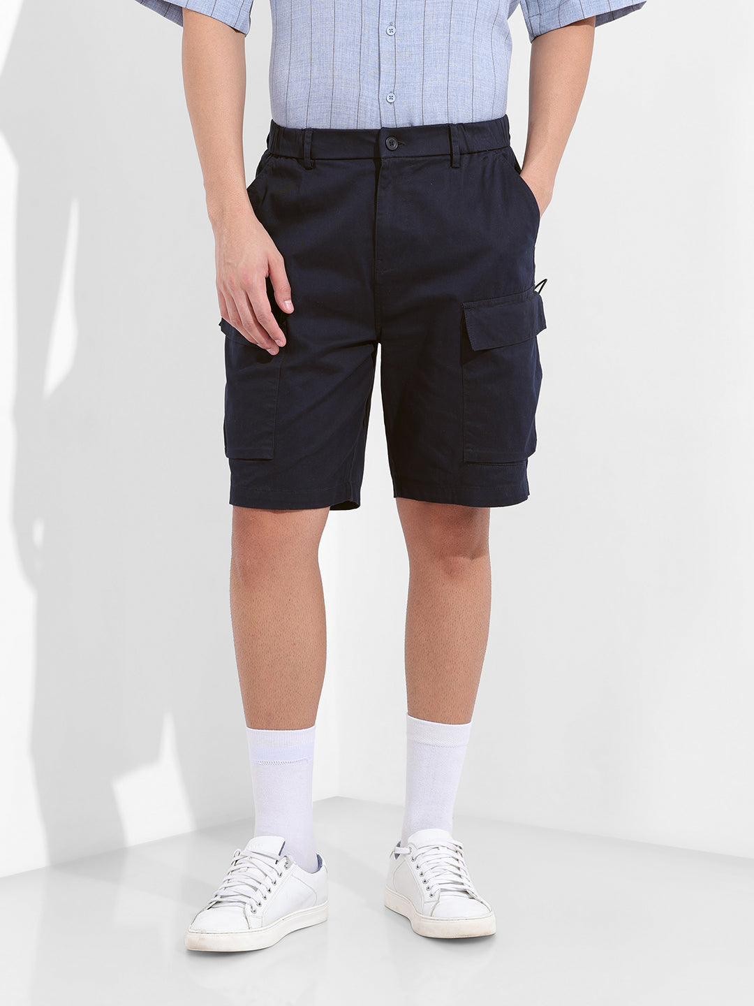 Men's Navy Blue Relaxed Fit Solid Utility Shorts