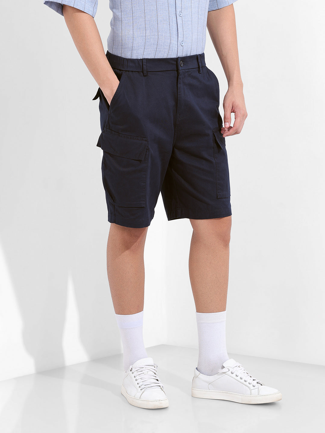 Men's Navy Blue Relaxed Fit Solid Utility Shorts