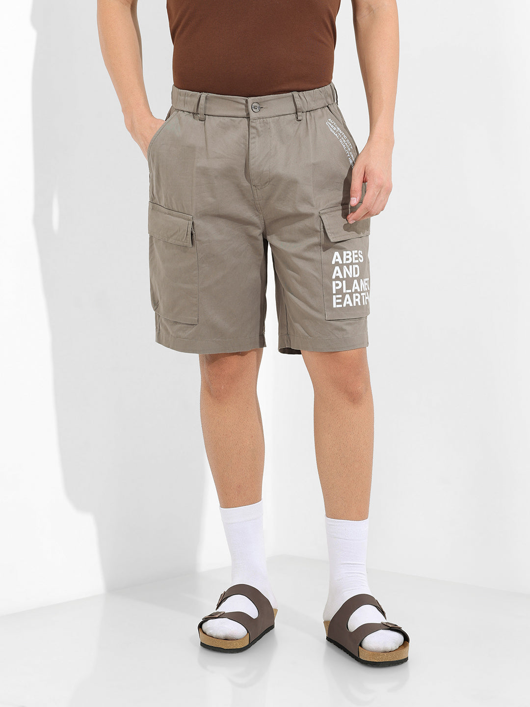 Men's Stone Grey Relaxed Fit Solid Utility Shorts
