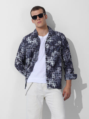 Men's Blue Regular Fit Printed Winter Shirt