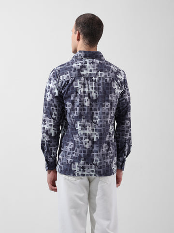 Men's Blue Regular Fit Printed Winter Shirt