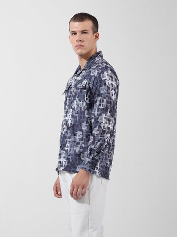 Men's Blue Regular Fit Printed Winter Shirt