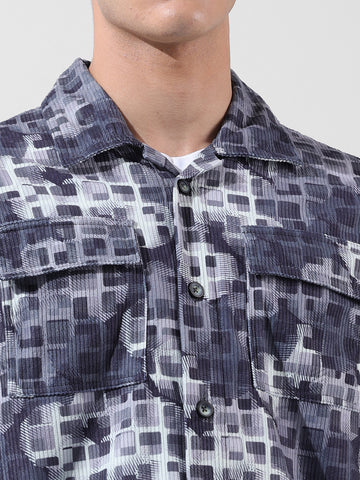 Men's Blue Regular Fit Printed Winter Shirt