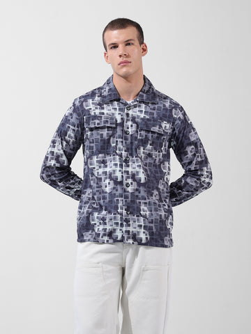 Men's Blue Regular Fit Printed Winter Shirt