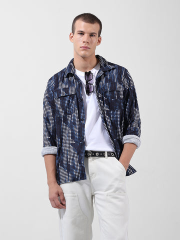 Men's Black Regular Fit Printed Winter Shirt