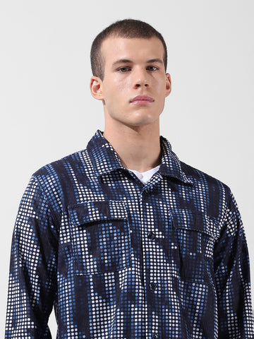 Men's Black Regular Fit Printed Winter Shirt