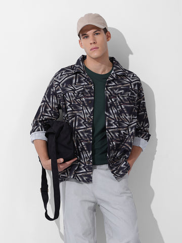 Men's Black Regular Fit Printed Winter Shirt