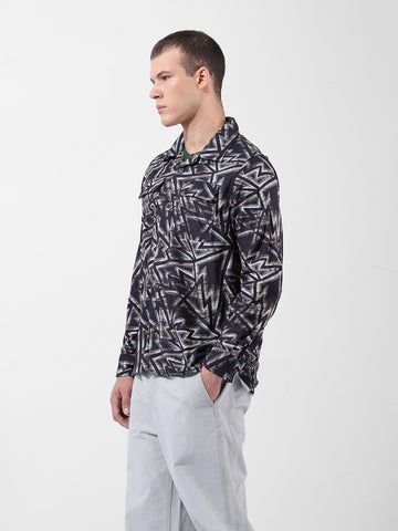 Men's Black Regular Fit Printed Winter Shirt