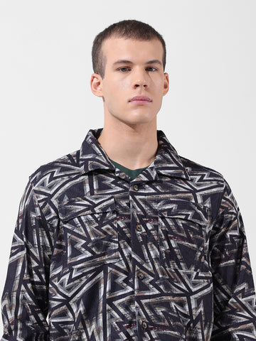 Men's Black Regular Fit Printed Winter Shirt