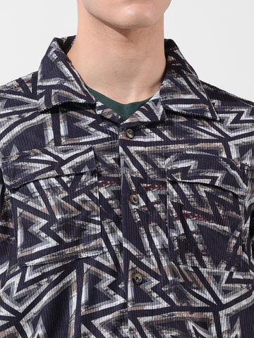 Men's Black Regular Fit Printed Winter Shirt