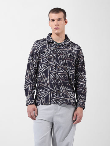 Men's Black Regular Fit Printed Winter Shirt
