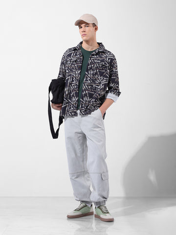 Men's Black Regular Fit Printed Winter Shirt