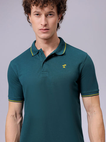Men's Green Slim Fit Solid Polo Collar T-shirt