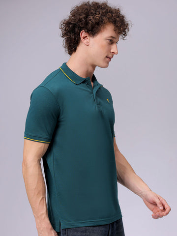 Men's Green Slim Fit Solid Polo Collar T-shirt