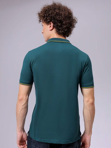Men's Green Slim Fit Solid Polo Collar T-shirt