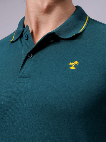 Men's Green Slim Fit Solid Polo Collar T-shirt