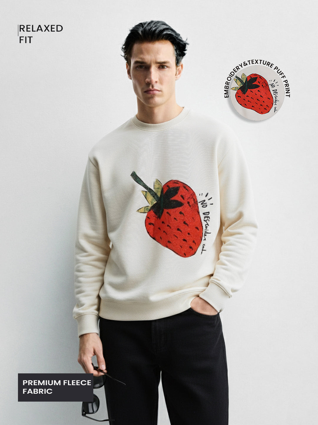 Men's Cream Relaxed Fit Graphic Printed Casual Sweatshirt