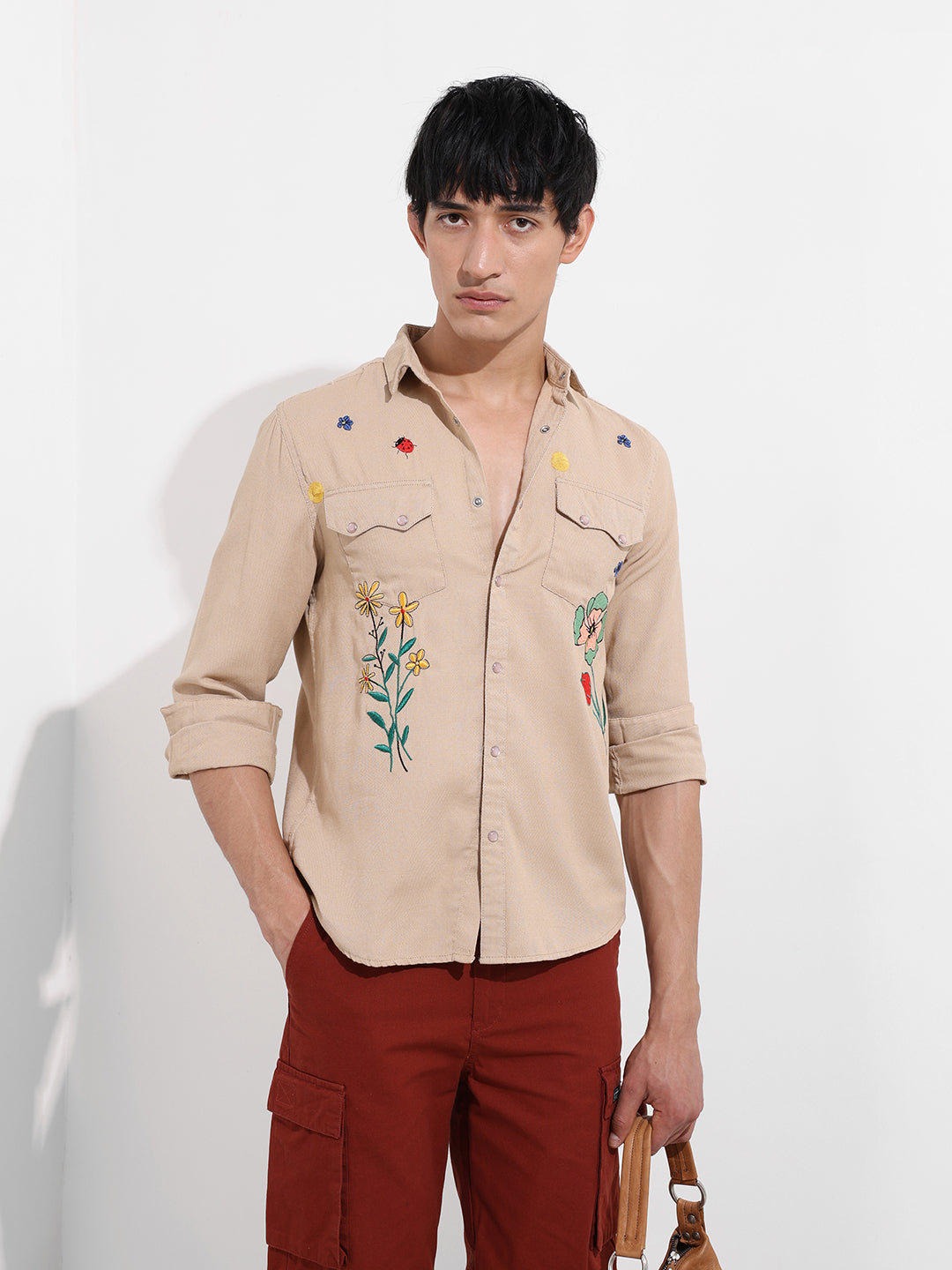 Men's Cream Regular Fit Floral Printed Resort Wear Shirt